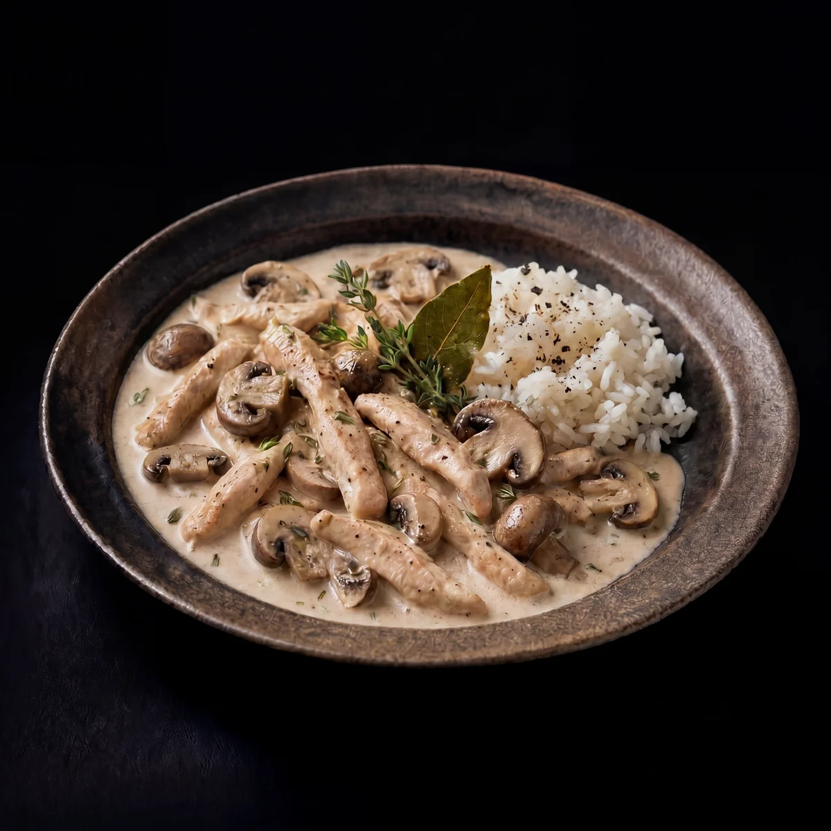 Creamy mushroom stroganoff with rice on a dark stoneware plate