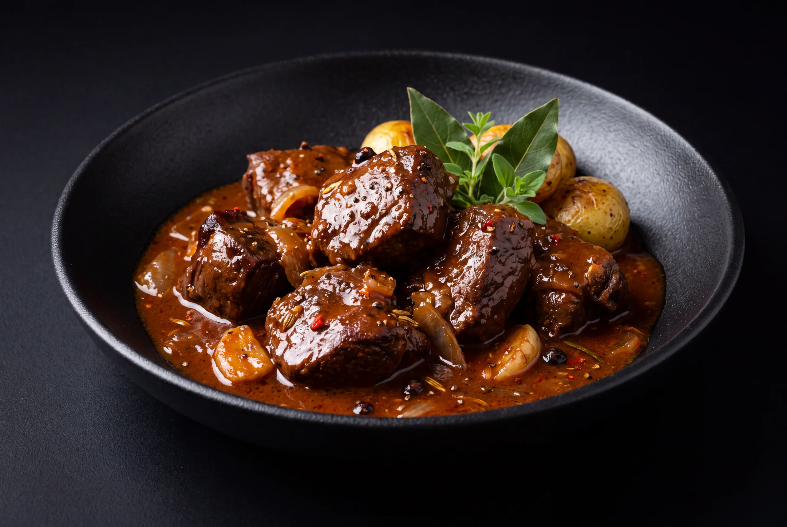 Rich beef goulash with paprika sauce served in a dark bowl