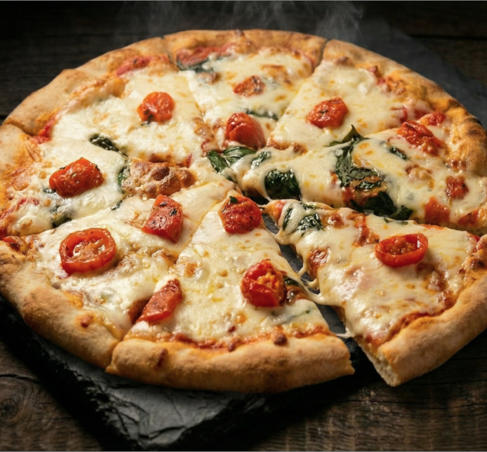 In-progress AI iteration: margherita pizza styled on slate and dark wood