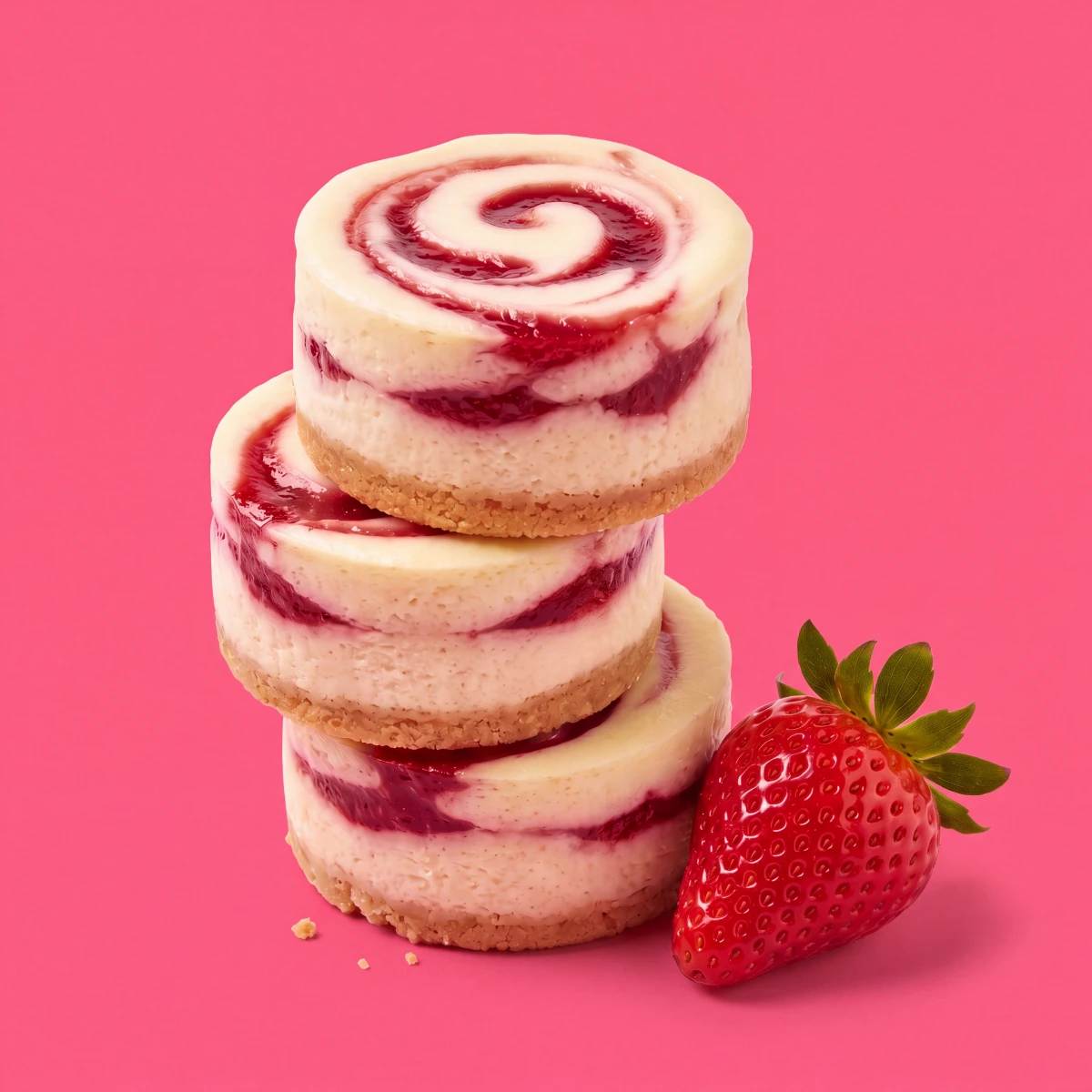 Stacked strawberry cheesecake swirl bites with a fresh strawberry on a strawberry-pink backdrop