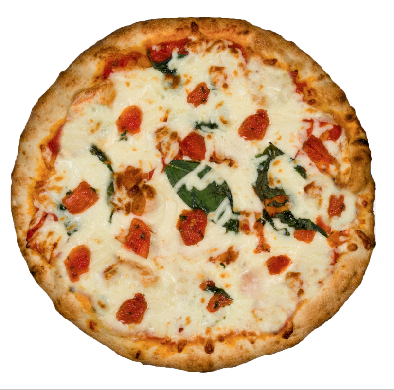 Raw phone capture of a margherita pizza on a white background