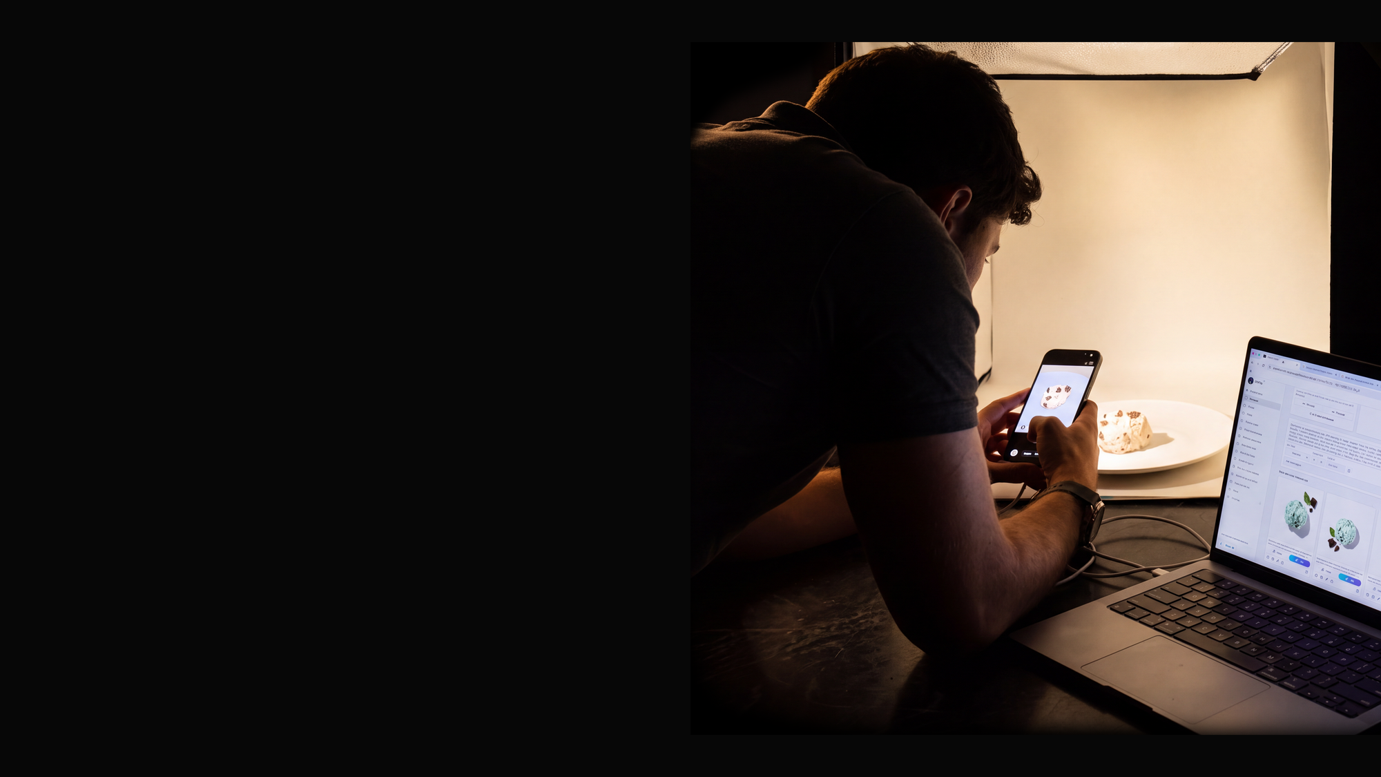 A PIXEL operator photographing ice cream inside a studio light box, with the PIXEL platform open on a laptop