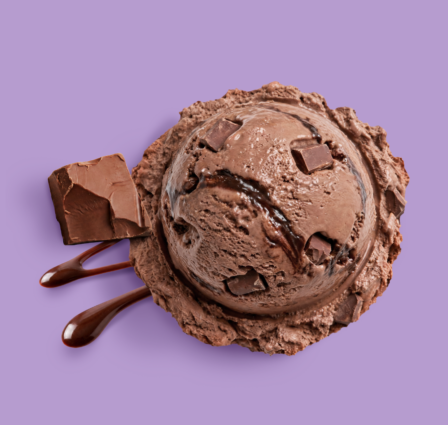 The approved hero shot: a chocolate fudge ice cream scoop on purple