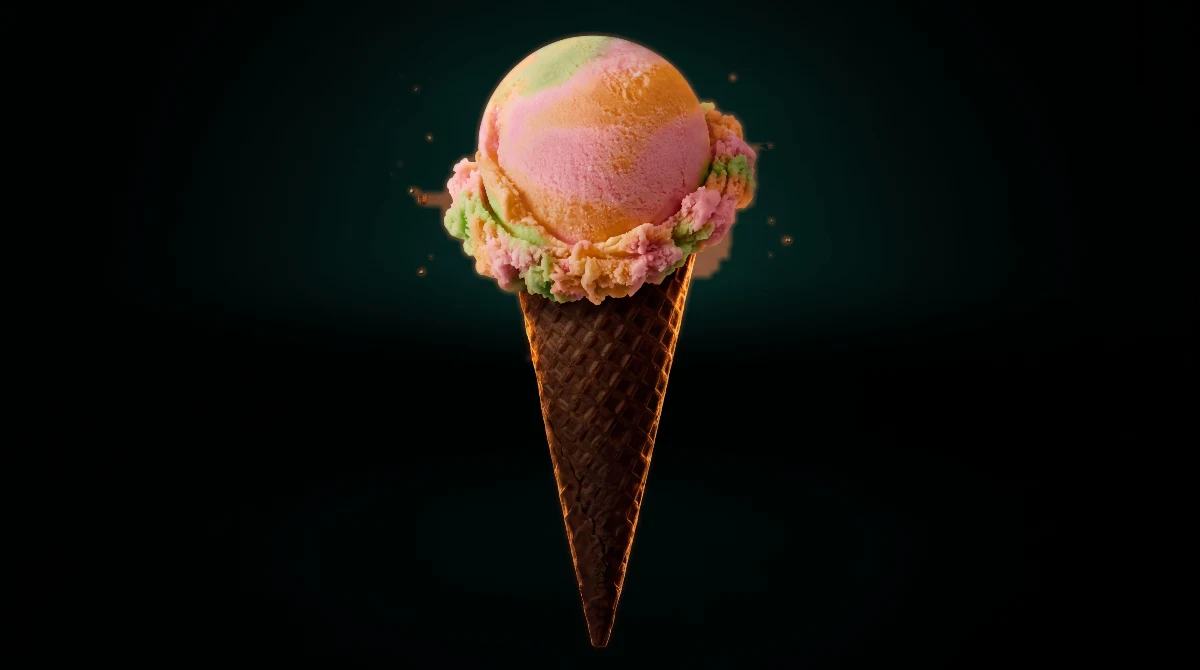 Rainbow sherbet ice cream cone with a teal glow