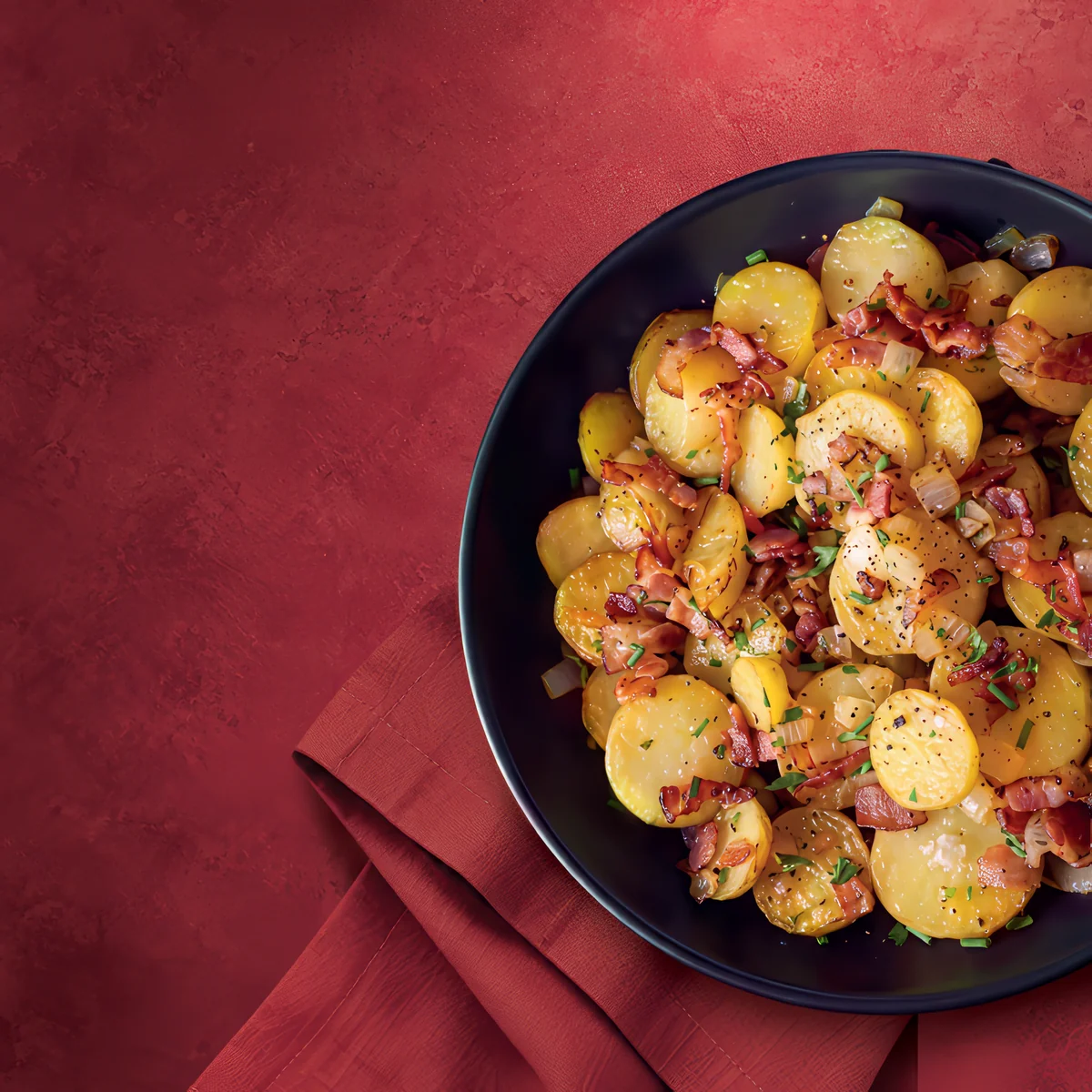 Pan-fried potato slices with bacon and chives in a dark bowl on a deep-red backdrop