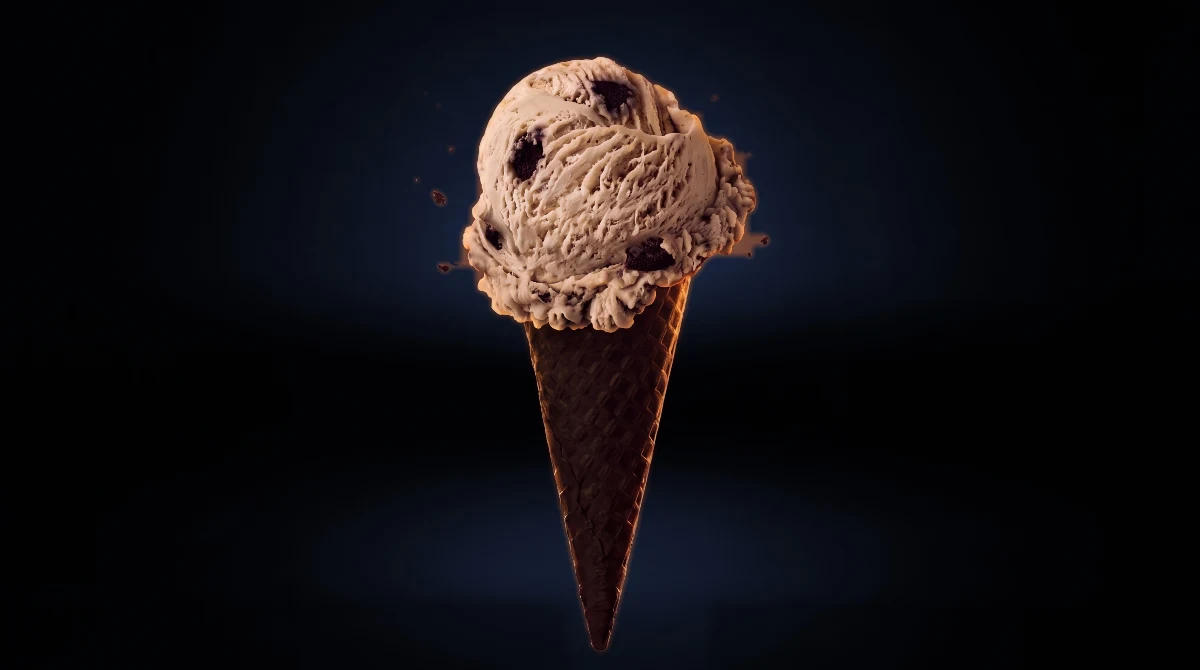 Cookies and cream ice cream cone with a blue glow
