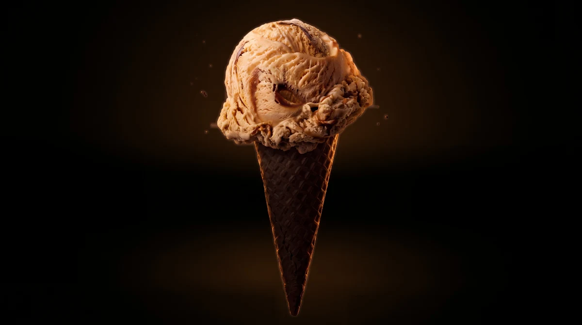 Caramel fudge ice cream cone with an amber glow