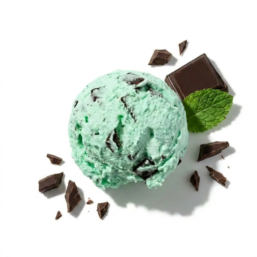 Approved mint chocolate ice cream scoop shot with mint leaf and chocolate square