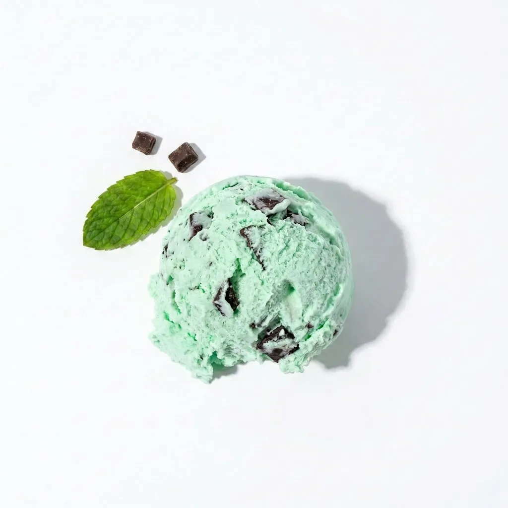 In-progress AI iteration of the mint chocolate scoop with mint leaf and chocolate pieces